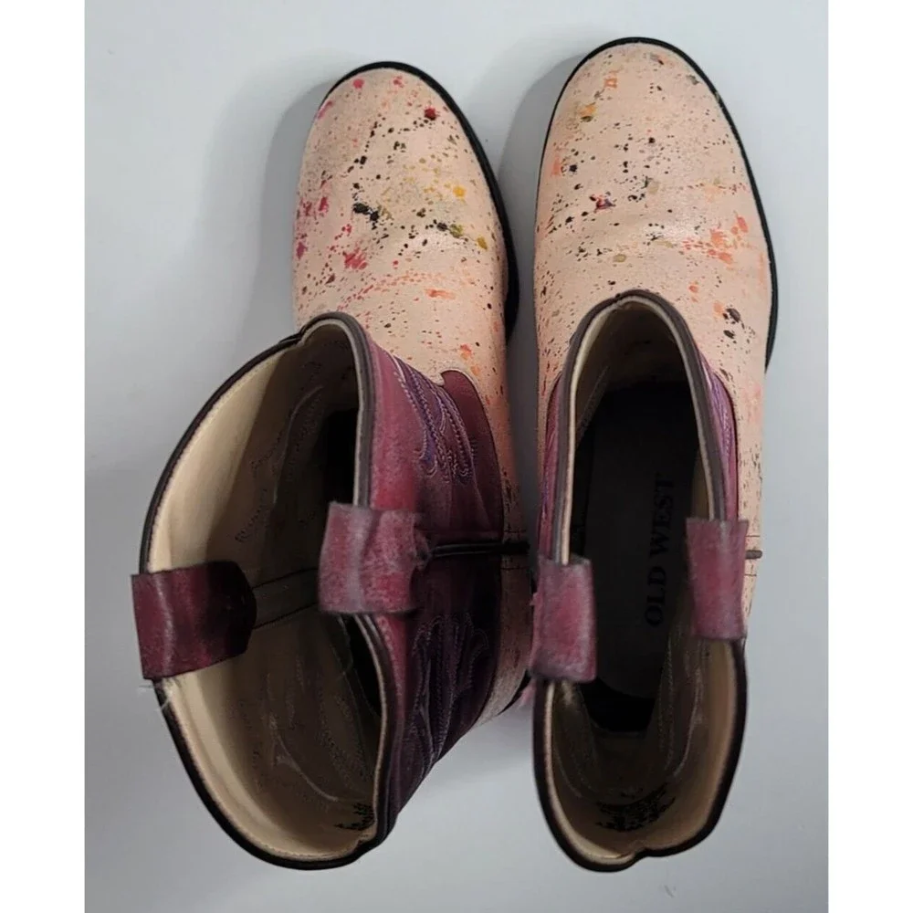Old‎ West Kids Girls Cowboy Boots Size 2.0 D VR9129 Paint Splatter Pattern Pink